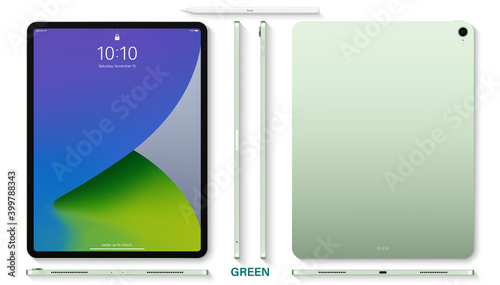 tablet green color with colorful touch screen saver and stylus top view isolated on white background. flat lay mockup of realistic and detailed device. stock vector illustration