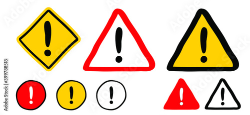 Hand drawn exclamation mark road signs. Hazard warning attention sign with exclamation mark symbol. Stop, do not enter. Attentiuon, beware danger. Flat caution vector icons. 