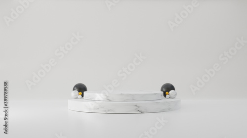 Marble cylinder Podium, stand with terrazzo and stone, on white wall, 3d background. concept scene stage showcase show products, minimal presentation. cosmetics stand, sale, copy space
