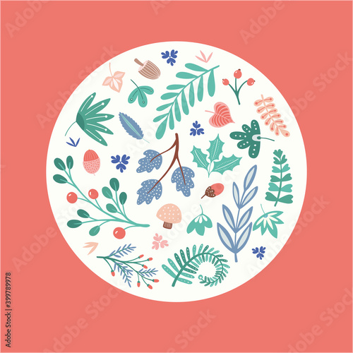 Autumn woodland leaves illustration and frame. Cute seasonal decorative card with fall nature drawings, vector design.
