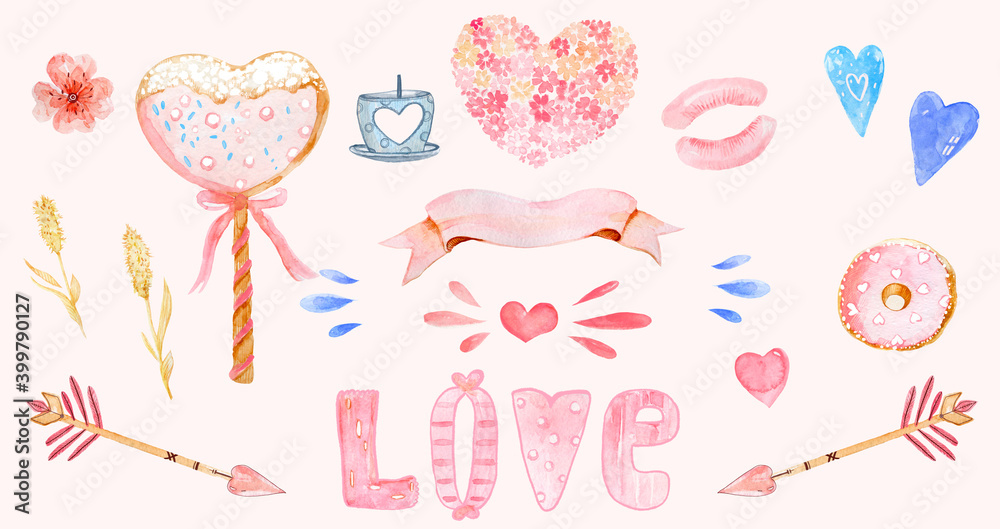 Valentines watercolor set with pink hearts, lollipop, tape, arrows, donut, kiss, flower and word LOVE.  Design elements for postcards, wedding invitation, greeting card, patterns and more.