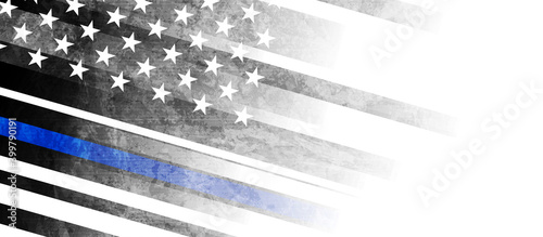 Grunge black concept USA flag with blue stripe. American police force sign vector abstract background