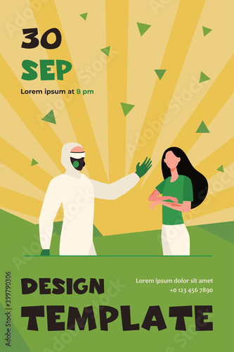 Person in protective costume and woman with chickenpox spots. Contagious patient, infection, rash flat vector illustration. Illness, treatment concept for banner, website design or landing web page