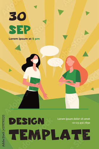 Woman in mask talking to chickenpox infected friend. Friends, students, speech bubbles flat vector illustration. Healthcare, infection risk concept for banner, website design or landing web page