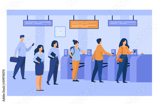 Metro passengers scanning electronic train tickets at entrance and turnstiles. Subway employees in uniforms keeping order. Vector illustration for public transport, automatic service concept