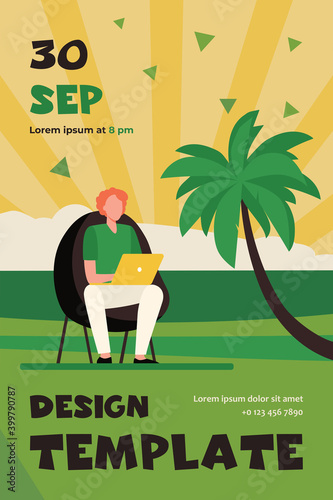 Man using laptop on tropical beach. Freelancers workplace with armchair outdoors flat vector illustration. Distance or remote working, freelance concept for banner, website design or landing web page