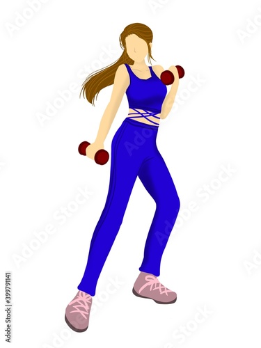 A woman doing exercise, lifting a dumbbell in both hands. Illustration of a person on a white background made of a tablet, in the concept of health care.