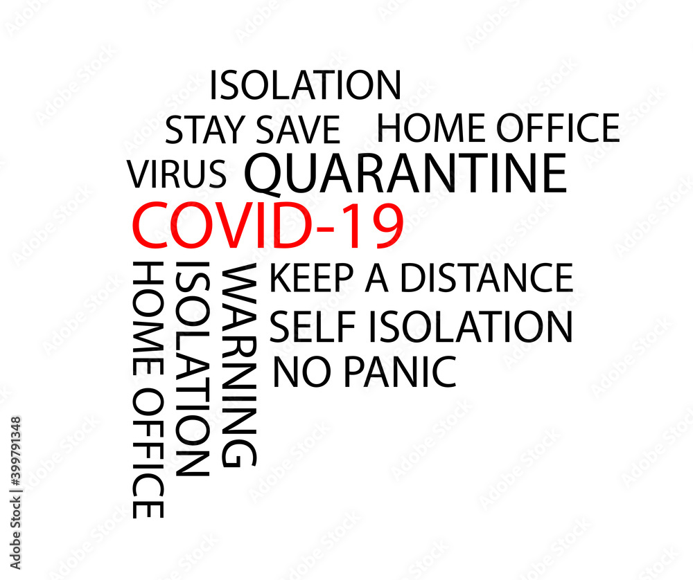 word tag cloud related to Covid 19 home office isolation on a white isolated background