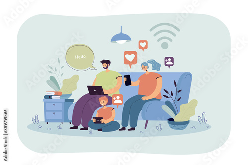 Addicted family using digital gadgets for chatting on social media. Parents and kid using smartphone, laptop, tablet at home. Vector illustration for internet addiction, online communication concept