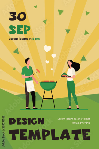Loving man and woman doing backyard barbecue. Love, rest. Flat vector illustration. Food concept can be used for presentations, banner, website design, landing web page