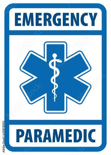 Emergency Paramedic text with symbol Star of Life emblem isolated on white background.