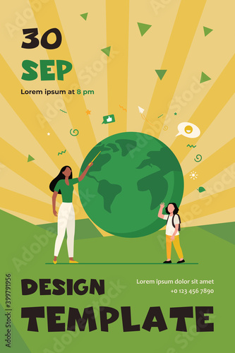 Geography teacher explaining lesson to pupil. Woman with pointer and girl at planet model flat vector illustration. School education concept for banner, website design or landing web page