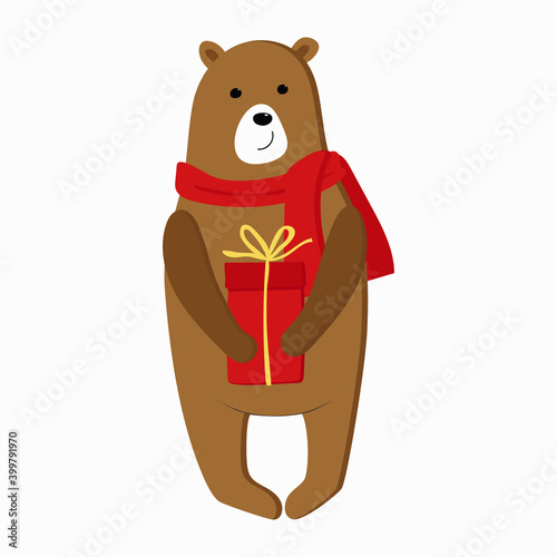 Illustration hand drawn of cute bear wearing red scarf. Depicts a bear with gift box. Christmas background with smiling cartoon character. Winter greeting card of a cute hand drawn bear