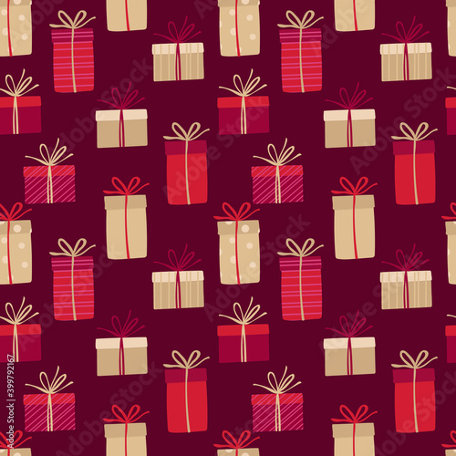 Seamless pattern with gift boxes with bows. Gift for Birthday, Christmas, New Year. Illustration for greeting cards, invitations, posters, wrapping paper, fabric