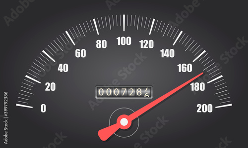 Speedometer on black background. Sport car odometer with motor miles measuring scale