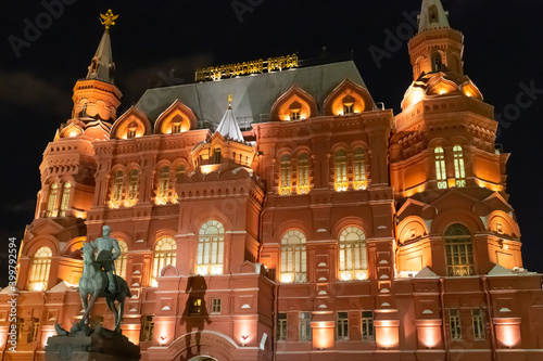 Moscow Russian Federation  September 28, 2019. Moscow Historical Museum on Red Square at night
