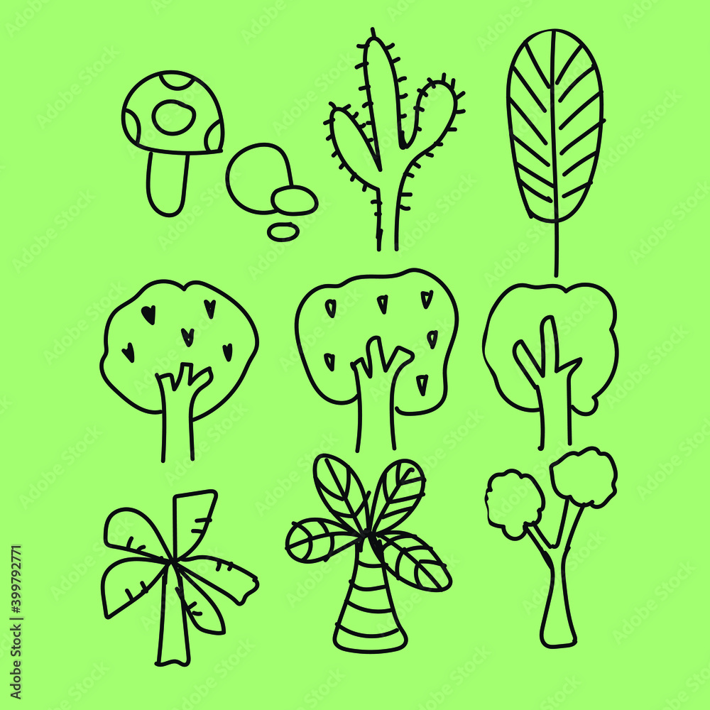 Doodle children drawing. Set of hand-drawn trees. Sketch.