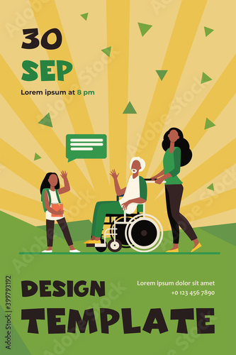 Senior man in wheelchair meeting with granddaughter. Girl visiting grandpa flat vector illustration. Family, generation concept for banner, website design or landing web page
