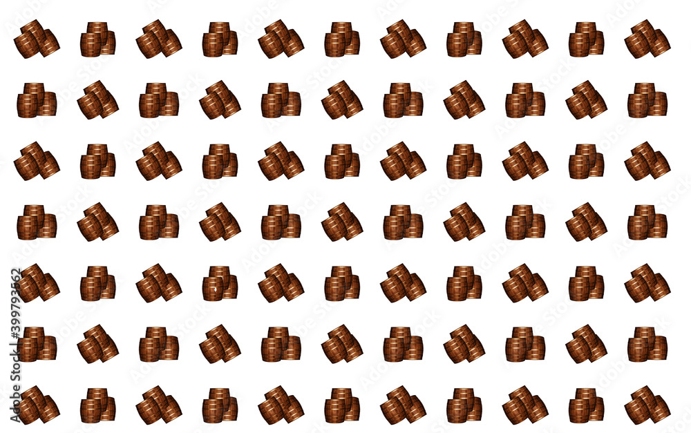 three oak barrels dark brown vertical set and tilted on a white background