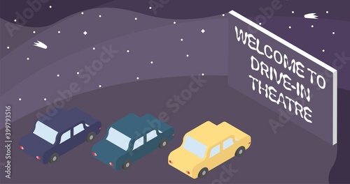 Drive-in theatre concept vector isometic illustration photo