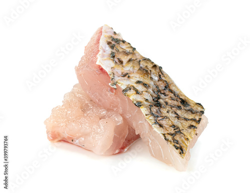 barramundi or seabass fish sliced isolated on white background