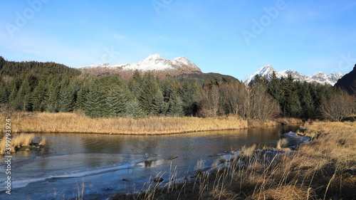 Icy Spring Creek with the Kenai Mountains in the background on a sunny cold winter day in Seward Alaska 