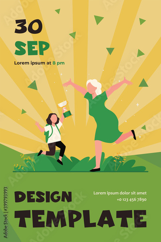 Grandparent congratulating grandchild with victory in contest. Emotions, cup. Flat vector illustration. Contest concept can be used for presentations, banner, website design, landing web page