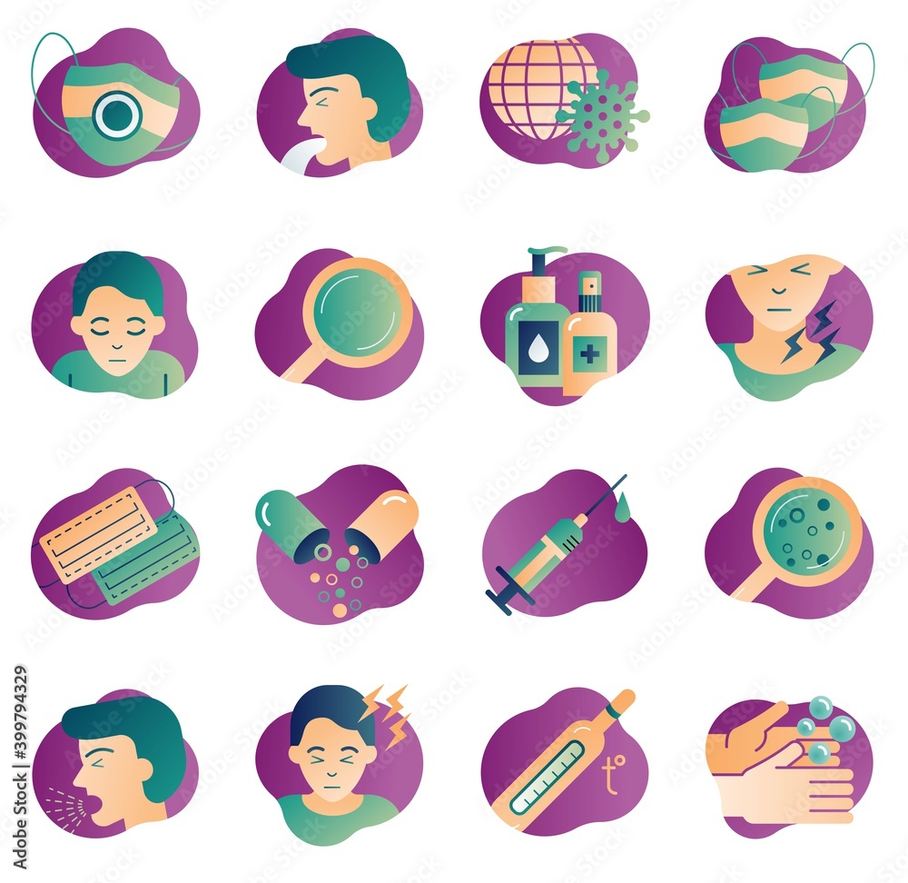 Collection of vector flat icons of medical subjects. Covid-19. Prevention and protection from coronavirus. Symptoms of the corona virus. Set of images for brochures, poster design. PART 2 Collection of vector flat icons of medical subjects. Covid-19. Prevention and protection from coronavirus. Symptoms of the corona virus. Set of images for brochures, poster design. PART 2