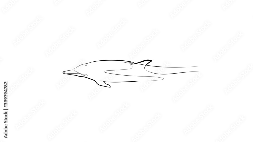 Dolphin in water by one line. Black line vector illustration on white background Dolphin in water by one line. Black line vector illustration on white background
