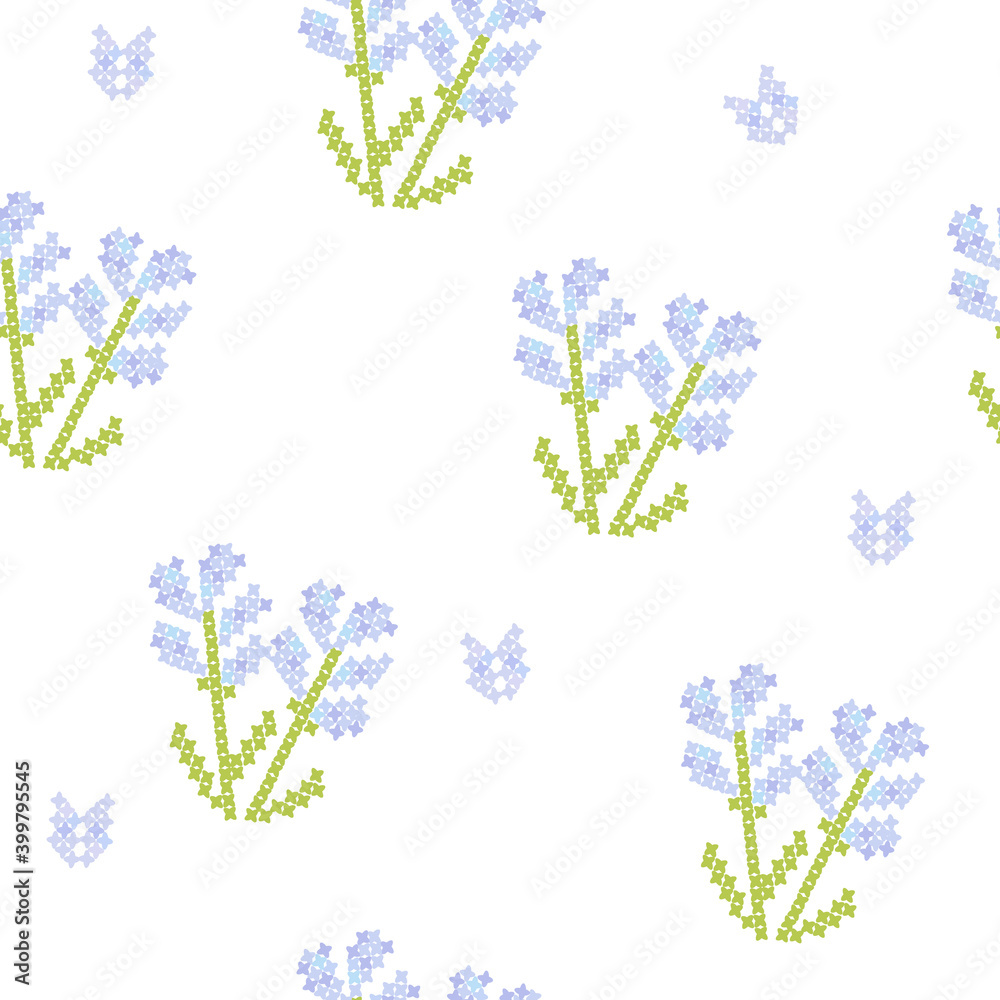 Floral pattern wtih blue flowers, cross stitch seamless background, white color