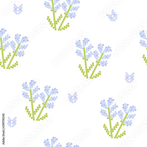 Wallpaper Mural Floral pattern wtih blue flowers, cross stitch seamless background, white color Torontodigital.ca