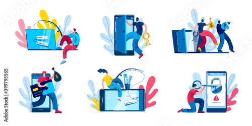 A hacker is engaged in phishing on a laptop or a smartphone. Thieves take money out of a broken computer. Spammer attacks the mail client. A set of vector illustrations on the topic of cybercrime.