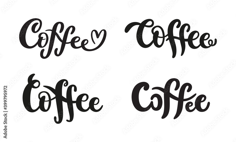 Set of handwritten calligraphy Coffee words. Typography design for coffee lover poster, web banner, social media, or print. Vector hand-drawn text isolated on white background. 