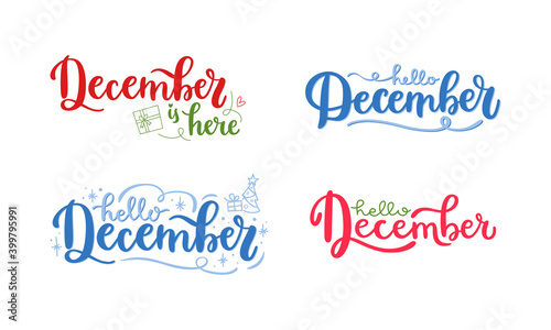 Set of isolated handwritten lettering phrases hello December. Typography design for greeting card, social media, web banner or print. Seasonal calligraphy templates with doodle elements.
