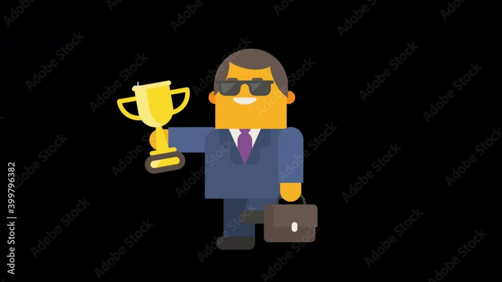 Businessman in sunglasses runs and holds suitcase and golden cup. Alpha channel Businessman in sunglasses runs and holds suitcase and golden cup. Alpha channel