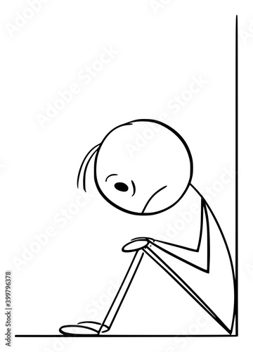 Vector cartoon stick figure illustration of depressed,sad,frustrated or sick man sitting alone in corner. Concept of help, psychology or relationship.