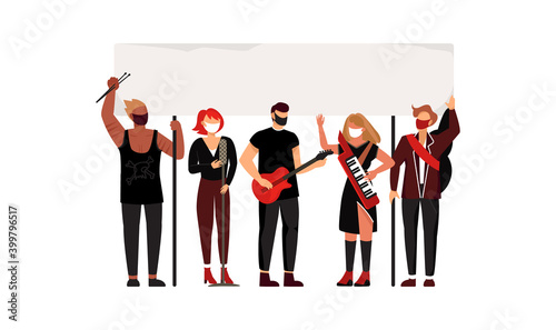Music workers in face masks protest at meeting during a coronavirus pandemic. Vector illustration