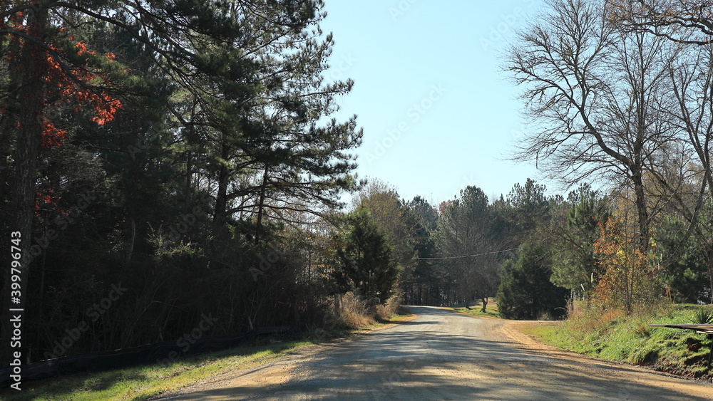 Fototapeta premium Gravel road with wide ditches thru a wooded area in rural Mississippi in late fall; concepts of open road, possibilities and freedom 
