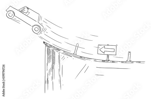 Vector cartoon stick figure illustration of driver in car flying out on unexpected end of the road. Concept of problem, risk, investment or sudden crisis.