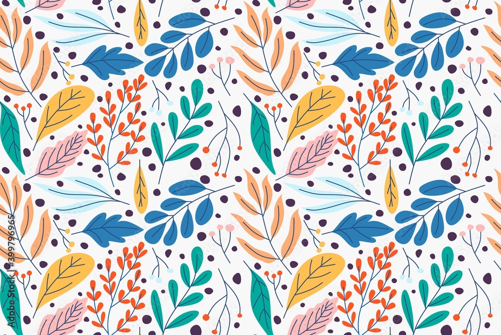 Seamless pattern with abstract flowers and leaves. Creative floral surface design. Vector background