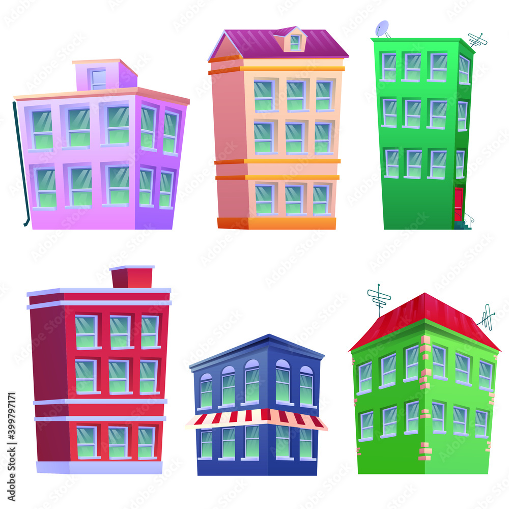 Colorfully residential houses set. 8 modern houses cartoon facades. City buildings or skyscraper of a business center or with glass windows. Vector illustration