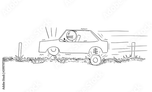Vector cartoon stick figure illustration of driver driving car on very bad road with asphalt full of potholes.