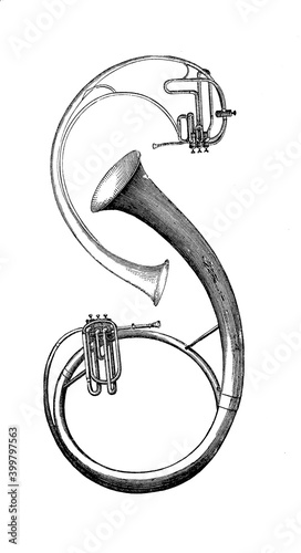 Musical instruments: the saxhorn developed by Adolphe Sax in the 19th century, three-valved brass instrument prototype of the saxhorn family, designed for band use photo