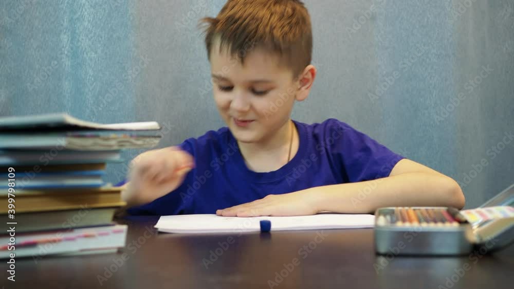 the boy draws a picture, then begins to talk about it. children's plantation. the boy draws a picture, then begins to talk about it. children's plantation.