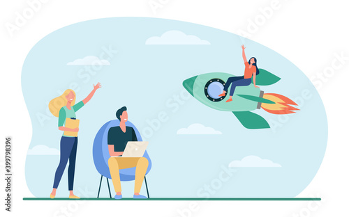 Happy woman sitting on rocket and waving colleagues. Fire, start, laptop flat vector illustration. Project startup and new business concept for banner, website design or landing web page