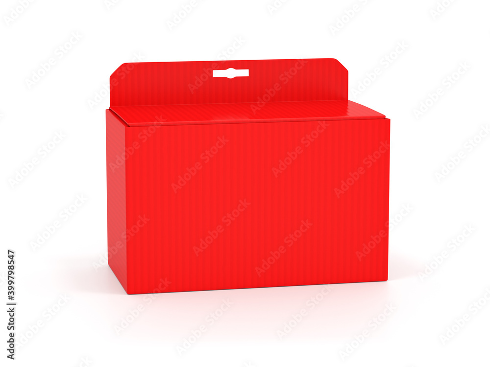 Hanging box. Red cardboard package with a hole for hanging in retail stores Hanging box. Red cardboard package with a hole for hanging in retail stores
