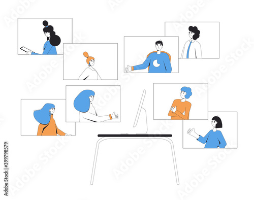 Video call conference. Online meeting collegues. Digital communication. Coworkers talking to each others with computer. Remote teamwork. Vector color line art  illustration.