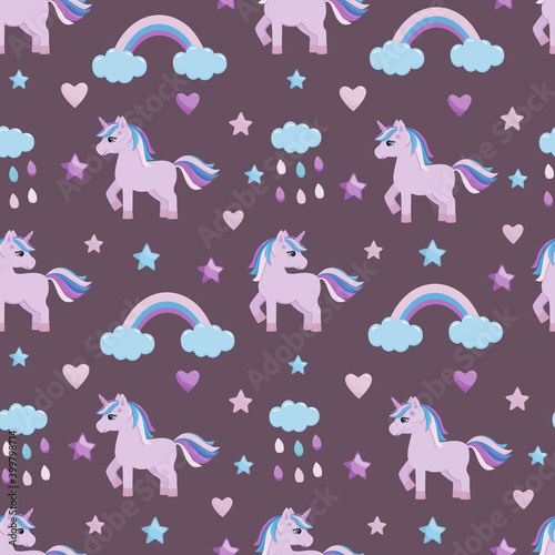 Seamless pattern with cute unicorn  clouds  rainbows. Bright cartoon illustration for textiles  paper  and Wallpaper for children s holiday decor.