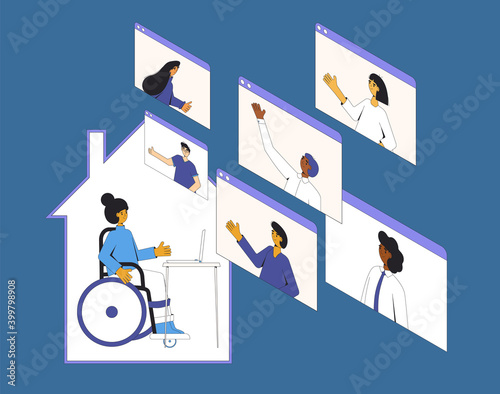 Video call conference. Online meeting collegues. Manager in wheelchair talking  with her team with internet. Remote teamwork. Woman work from home. Vector color line art illustration.