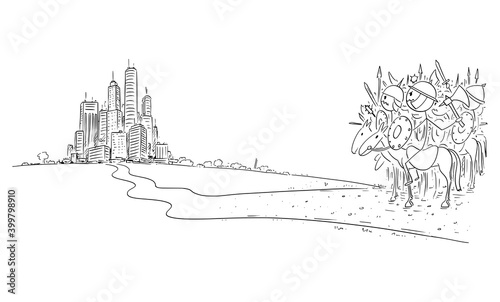 Vector cartoon stick figure illustration of army of medieval or ancient marauders or raiders ready to attack a modern city or civilization.
